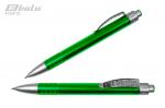 Ручка автоматическая, цвет синий, пластиковый зеленый корпус с серебристыми вставкам, металлический клип, толщина письма 0,7 мм