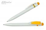 Ручка автоматическая, цвет синий, пластиковый белый корпус с желтыми вставками, пластиковый клип, толщина письма 0,7 мм